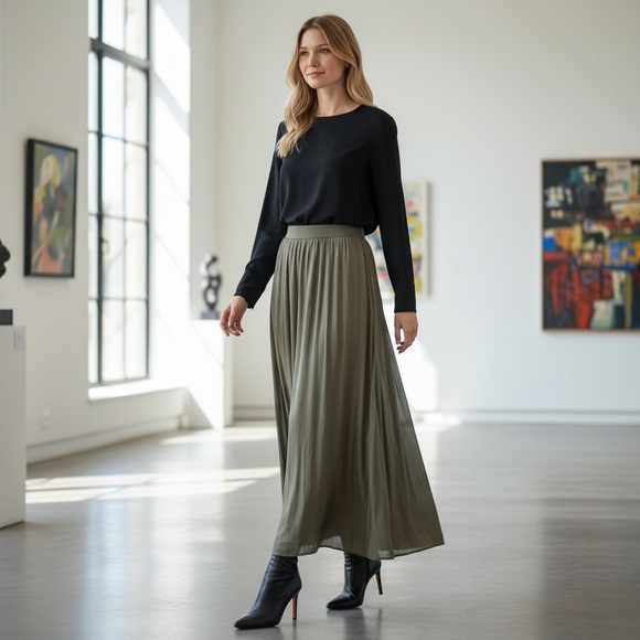 Kori Dresses & Skirts - NWT Kori Georgette Pleated Olive Maxi Skirt High Waisted Flowy With Slit Sz L